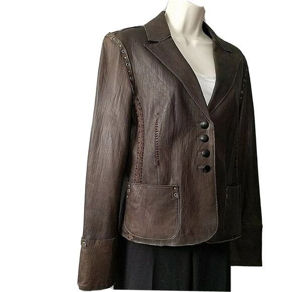 Rizal Womens  Leather Jacket brown collar button down pockets sz 2-4 S - Picture 2 of 10